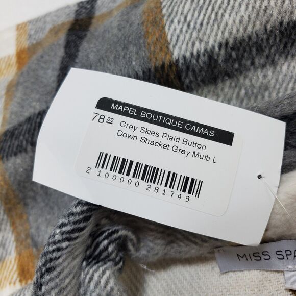 Miss Sparkling Shacket Coat Jacket Womens Large Flannel Long Plaid Tan Grey New - Picture 13 of 15